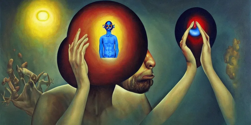 Image similar to a surreal painting of man with his third eye opening