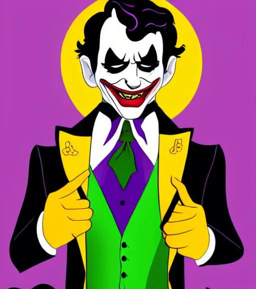 Image similar to joker wearing purple suit, yellow background, disney movie poster style, animation