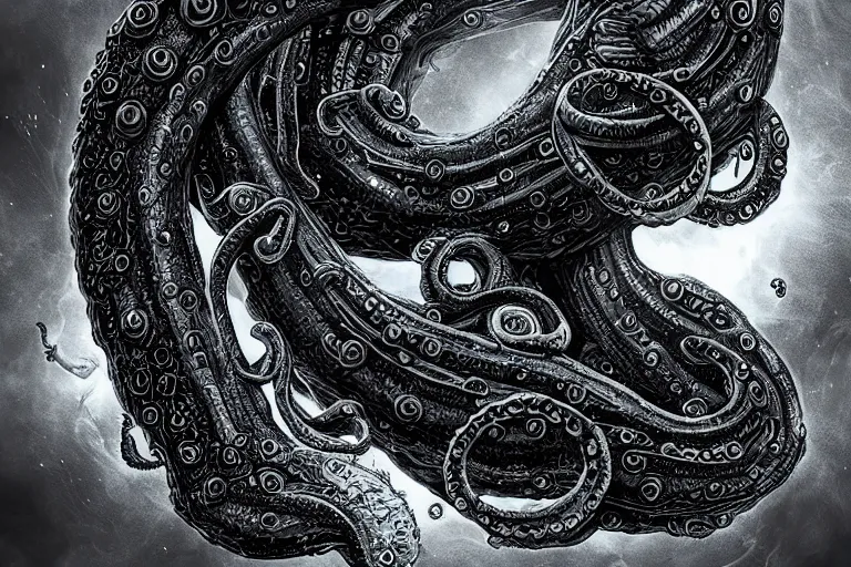 Prompt: a giant lovecraftian tentacle creature gripping a black hole, digital art, photorealistic, highly detailed, intricate