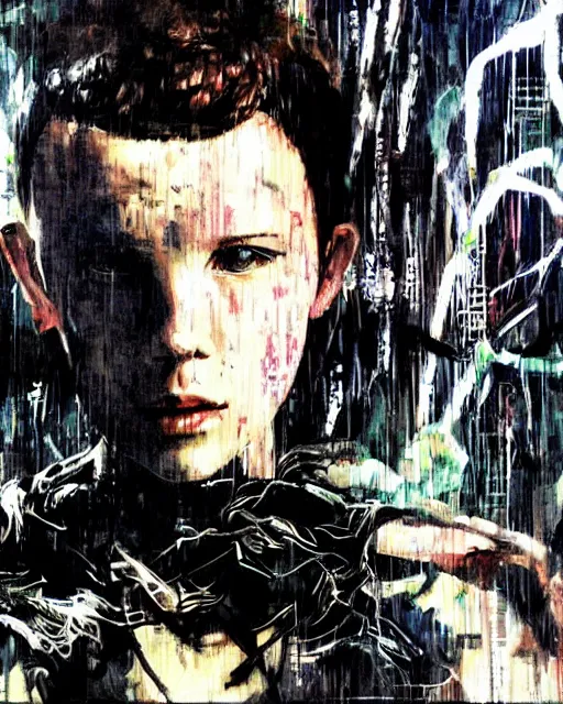 Image similar to Portrait of Millie Bobby Brown in a jungle of lightning by Yoji Shinkawa