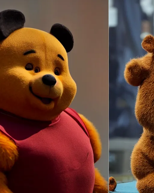 Prompt: president xi jinping as winnie the poo, prosthetics and animatronics designed by rick baker, highly detailed, photorealistic