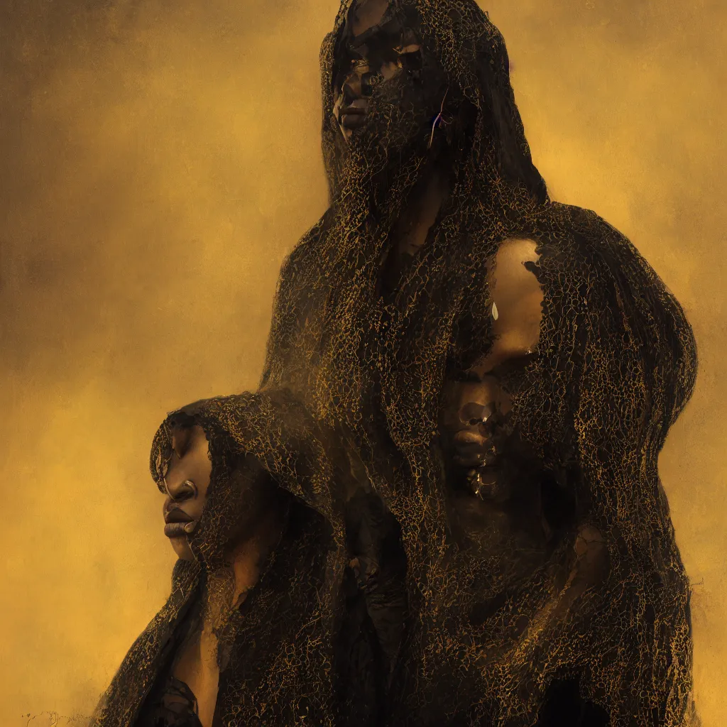 Image similar to a portrait of a young black woman wearing a long dark cloak, hood and shadows covering face, holding golden chains, oil painting, matte painting, black background, Volumetric Golden dappled dynamic lighting, Highly Detailed, Cinematic Lighting, Unreal Engine, 8k, HD, by Beksinski