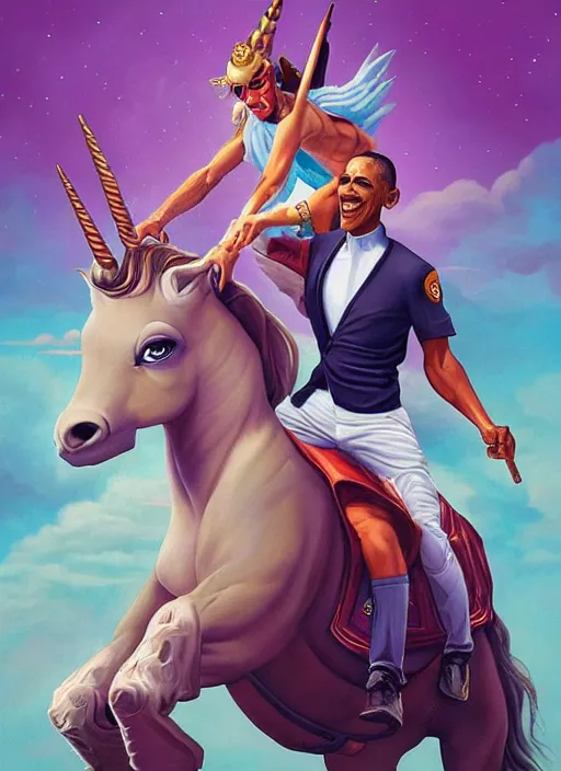 Prompt: obama riding an unicorn, pixar style, by tristan eaton stanley artgerm and tom bagshaw.