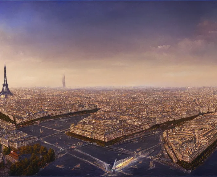 Prompt: 4 k hd, high detail panoramic painting of paris, wide shot, consistent, volumetric lighting, high level texture render, matte painting, peter elson, trending on artstation