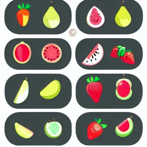 Prompt: a set of kawaii fruits isolated on white background, stylized, cartoon, cute, vector graphics, trending on pinterest, featured on artsation, high quality, smooth graphics, fine edges,
