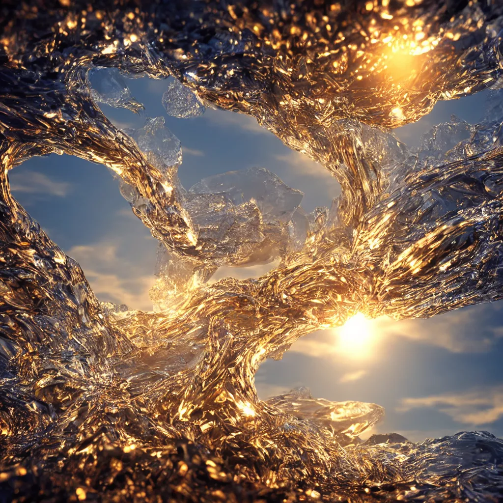 Image similar to wave formed like crystal in a cup, art station, crystal carved, volumetric lighting, beautiful, golden hour, sharp focus, ultra detailed, concept art