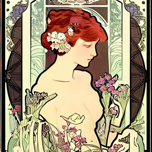 Prompt: beautiful, art nouveau advertisement, in the style of Alphonse Mucha, white short haired cat surrounded by flowers