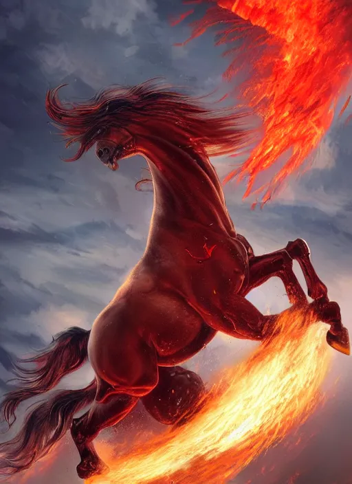 Image similar to the first singular horseman of the apocalypse riding a strong big red stallion, horse is running, the rider carries a large sword, flames from the ground, artwork by artgerm and rutkowski, breathtaking, dramatic