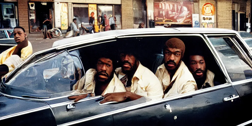 Image similar to bronx, black men sit in the 7 0 s car, holding a magnum, closeup, coloured film photography, bruce davidson photography