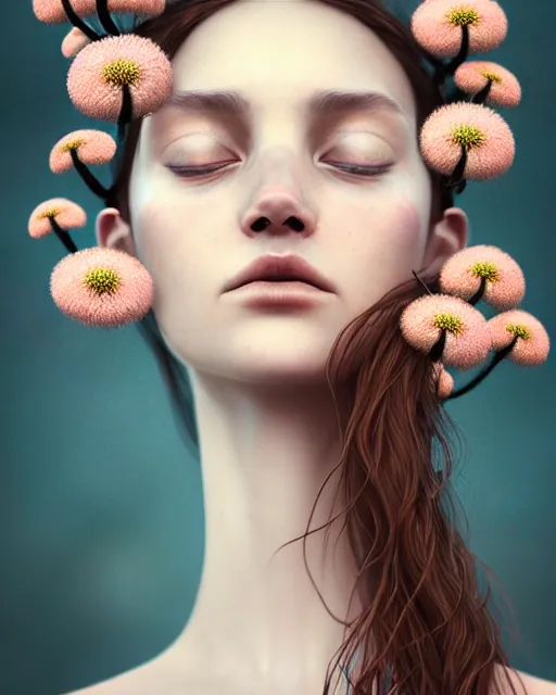 Prompt: a digital portrait of a beautiful sad woman with flowers and fungus growing out of her head and eyes, intricate, sharp focus, digital illustration, highly detailed, octane render, digital painting, matte, art by professional artist