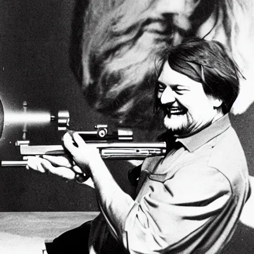 Image similar to robert wyatt laughing maniacally and shooting the view with his gun