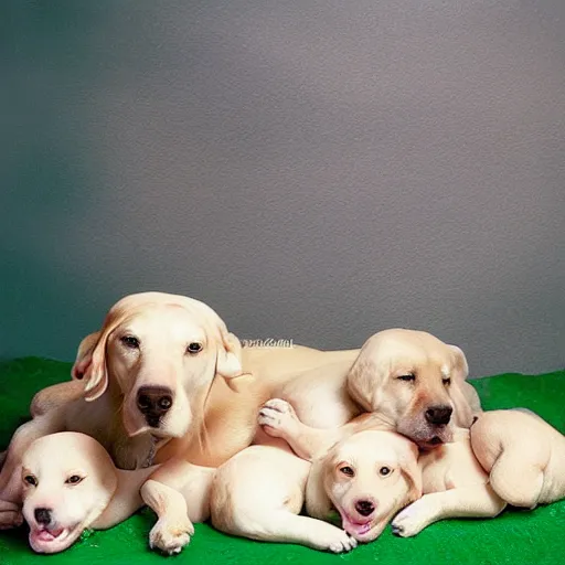 Image similar to 8 0 mm anne geddes photo of a momma dog with her newborn puppies, natural sunlight, indoors, cool colors