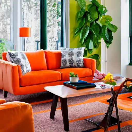Prompt: biophilic living room with a splash of orange