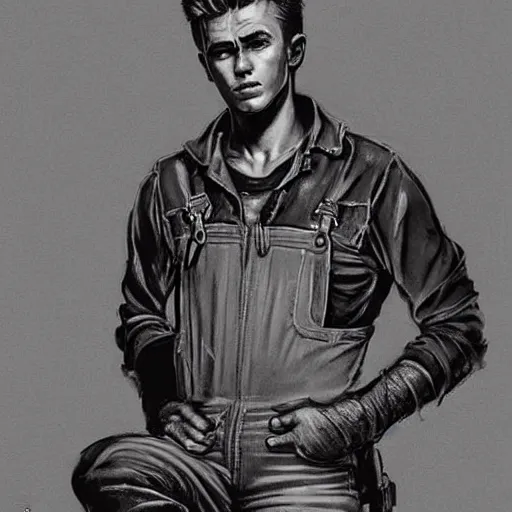 Image similar to a highly detailed epic cinematic concept art CG render digital painting artwork costume design: young James Dean as a well-kept neat anarchist rebel in 1950s USSR mechanic overalls and big boots, reading a book. By Greg Rutkowski, Ilya Kuvshinov, WLOP, Stanley Artgerm Lau, Ruan Jia and Fenghua Zhong, trending on ArtStation, subtle muted cinematic colors, made in Maya, Blender and Photoshop, octane render, excellent composition, cinematic atmosphere, dynamic dramatic cinematic lighting, aesthetic, very inspirational, arthouse