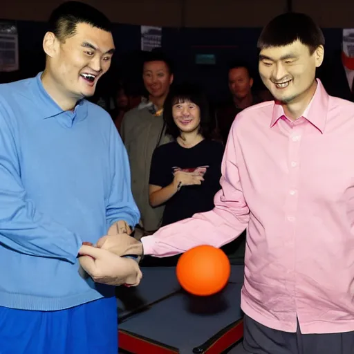 Image similar to a photo of yao ming playing ping pong with bill gates