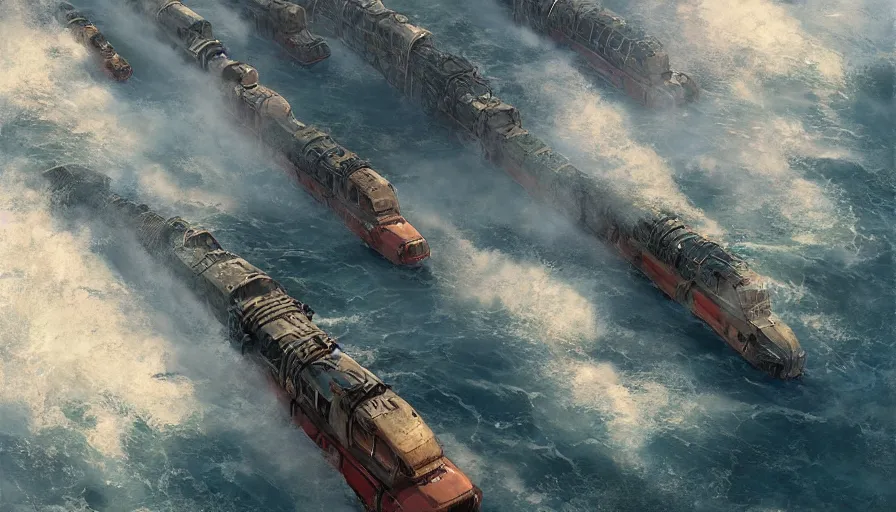 Image similar to craig mullins and ghibli digital illustration of a long dragon train in deep ocean unreal engine, hyper realism, realistic shading, cinematic composition, realistic render, octane render, detailed textures, photorealistic, wide shot