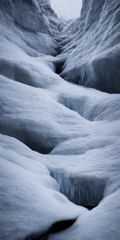Image similar to dream looking through a hyper realistic photograph of a ice covered canyon, minimal structure, futureistm landscape, misty, icelandic valley, small stream over black rock, timed exposure, in the style of reuben wu, roger deakins