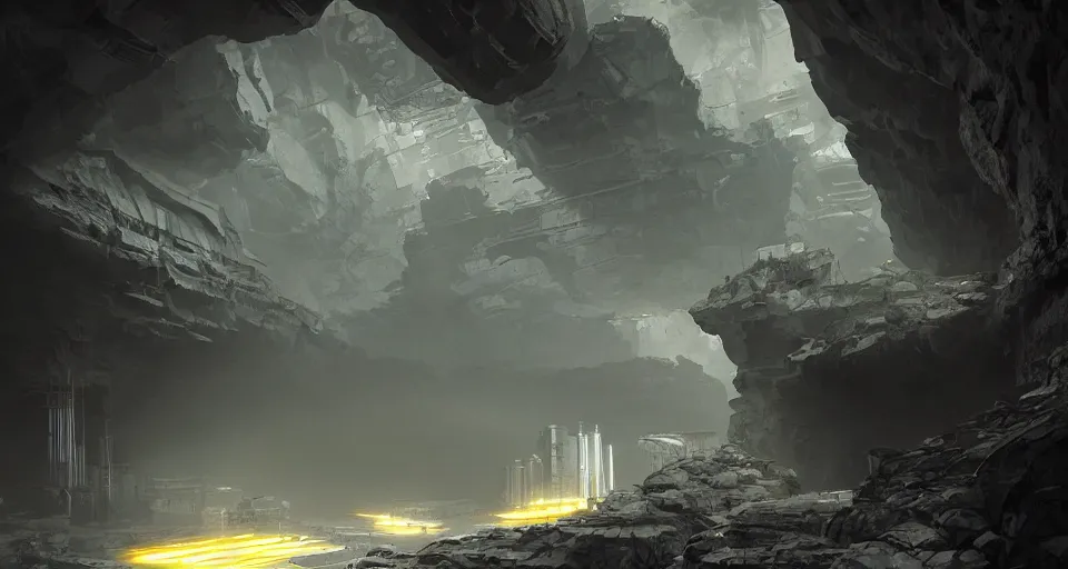 Image similar to futuristic factory in a dark cave, black rocks, dramatic light, intricate, highly detailed, digital painting, volumetric light, artstation, concept art, sharp focus