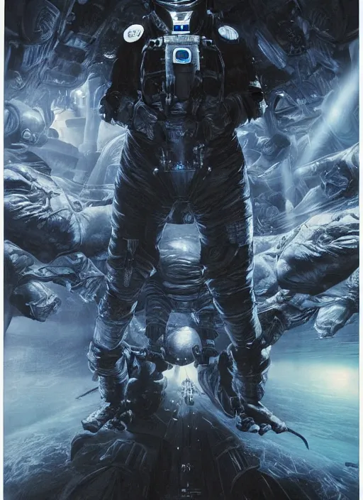 Image similar to astronauts in dark void underwater - complex and hyperdetailed technical suit. reflection and dispersion materials. rays and dispersion of light. volumetric light. f / 3 2. noise film photo. flash photography. ultra realistic, wide angle. poster by wayne barlowe, hajime sorayama aaron horkey, craig mullins