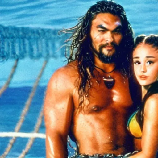 Prompt: A still of Jason Momoa and Ariana Grande in Waterworld (1995)