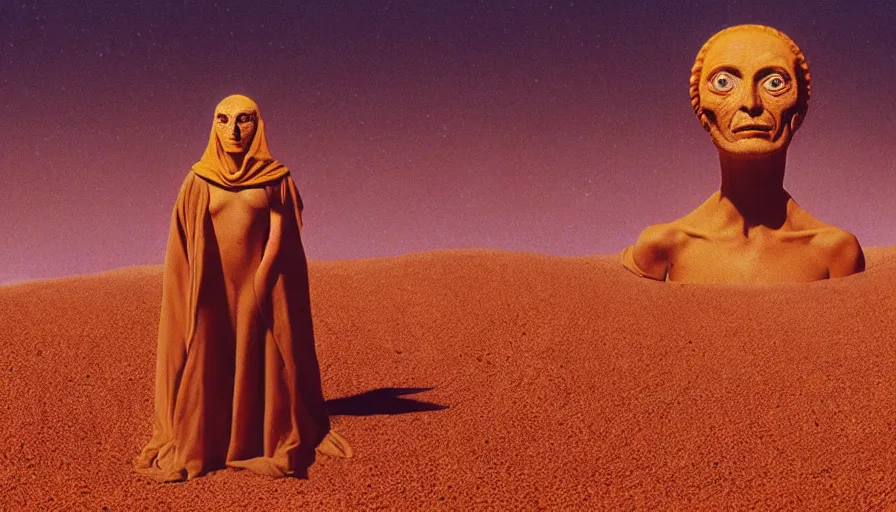 Image similar to glowing bene gesserit in full - face golden glowing mask meet salvador dali in a black rocky desert landscape with alienabandoned city beneath the sand and giant alien spaceship in the sky attacks the earth by christopher doyle and alejandro jodorowsky, anamorphic lens, kodakchrome, cinematic composition, very detailed photo, 8 k,