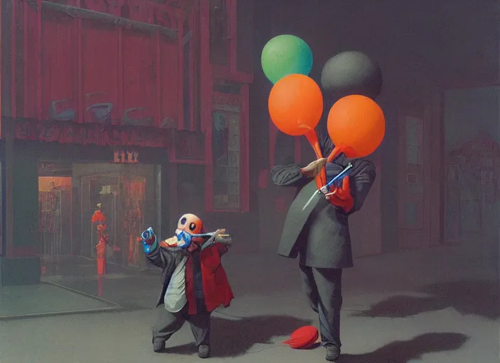 Prompt: A grumpy man in a clown mask with a knife in his hands stands in a toy store and buys a black inflatable balloon, highly detailed, soft lighting, elegant, Wayne Barlowe, Edward Hopper and James Gilleard, Zdzislaw Beksinski, Steven Outram, highly detailed