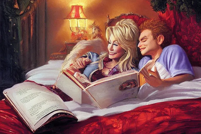 Image similar to portrait of dolly parton reading a bedtime story to michael jackson in bed, an oil painting by ross tran and thomas kincade