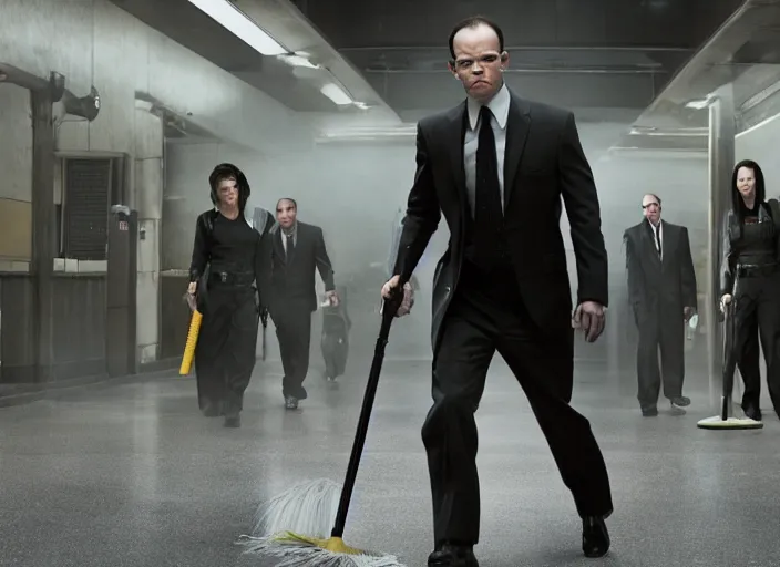 Image similar to film still of agent smith working as a janitor in the new matrix movie, 4 k