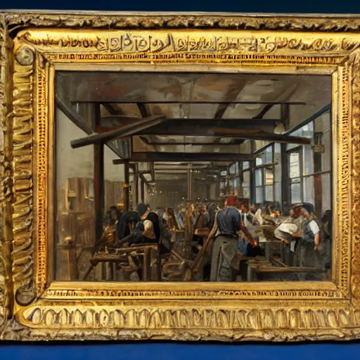 Prompt: oil painting of a nineteenth century engineers workshop, chaotic