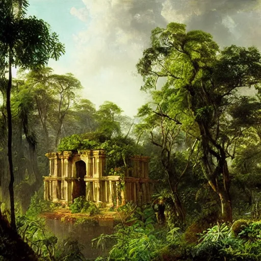 Image similar to aztec temple in the jungle overgrown with vegetation, painting by andreas achenbach
