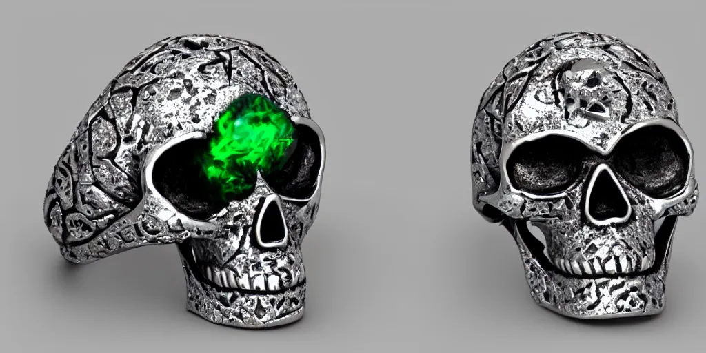 Prompt: stunning skull ring with a diamond, poison, green, mist, skull, energy, engraving, d & d, item, graphic, close - up, design, shimmer, artbook, page, detailed, trending on artstation, cgsociety, greg rutkowski and thomas kinkade and moebius