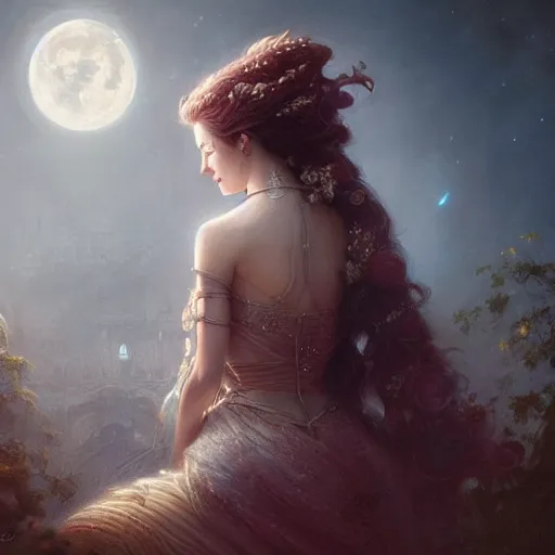 Image similar to a beautiful digital painting of a princess, princess, the moon behind her, intricate, cinematic lighting, highly detailed, digital painting, concept art, smooth, sharp focus, illustration, art by tom bagshaw, artgerm and greg rutkowski 1 0 k