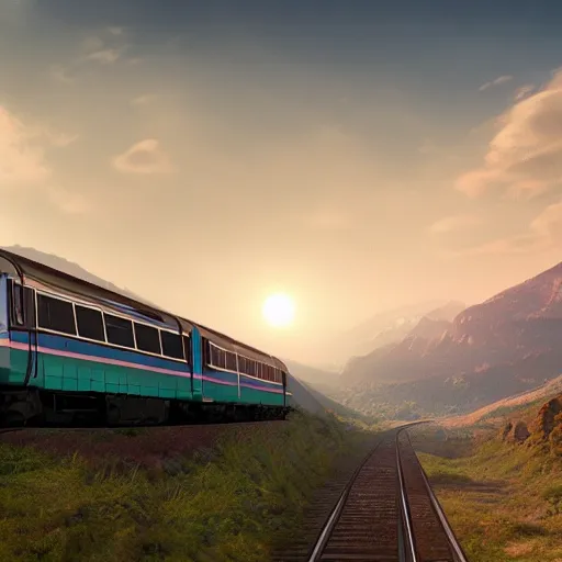 Prompt: panorama futuristic train driving through valley, green hills, matte painting, artstation, sunrise, blue sky