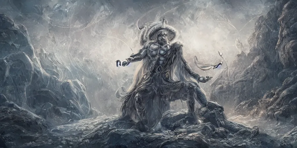 Image similar to mythological Odin all father god of thunder and artificial intelligence creating the first artificial neural network with synapses on an anvil, high resolution, award winning art, trending on art station, sharp image, incredibly detailed, ethereal city of valhalla