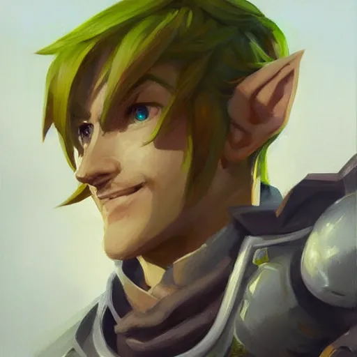 Image similar to greg manchess portrait painting of link from legend of zelda as overwatch character, medium shot, asymmetrical, profile picture, organic painting, sunny day, matte painting, bold shapes, hard edges, street art, trending on artstation, by huang guangjian and gil elvgren and sachin teng