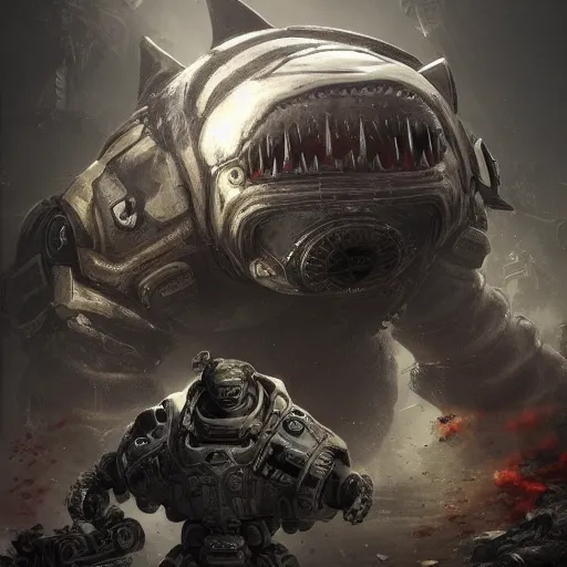 Prompt: Robot Penguin in Gears of War cover art,Shark teeth, ultra wide lens shot , tiny, small, short, cute and adorable, pretty, beautiful, DnD character art portrait, matte fantasy painting, eerie, DeviantArt Artstation, by Jason Felix by Steve Argyle by Tyler Jacobson by Peter Mohrbacher, cinematic lighting