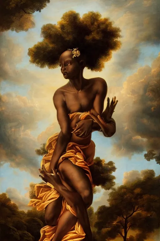 Image similar to baroque painting of african mother nature floating through the sky, inspired by gustav moreau and wayne barlow, exquisite detail, hyper realism, ornate, exquisite detail