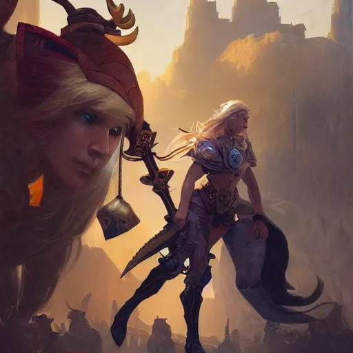 Image similar to a blonde paladin woman fighting a giant goat on the streets of a fantasy town, d & d, fantasy, highly detailed, digital painting, artstation, concept art, character art, art by greg rutkowski and tyler jacobson and alphonse mucha