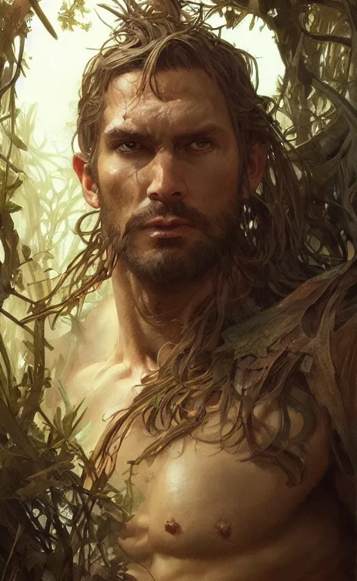 Prompt: Furious god of the forest, male, gorgeous, detailed face, clear face, amazing, muscular, intricate, highly detailed, digital painting, artstation, concept art, sharp focus, illustration, art by greg rutkowski and alphonse mucha