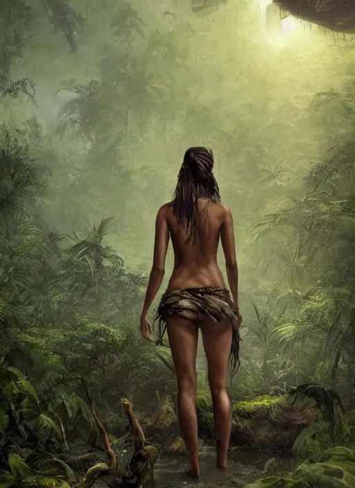 Prompt: a tribal woman from behind, in front of the aircraft carrier USS Nimitz overgrown with lush vegetation, tropical forest, post appocalyptic, by Luis Royo, by Greg Rutkowski, dark, gritty, intricate, backlit, strong rim light, cover illustration, concept art, volumetric lighting, volumetric atmosphere, sharp focus, octane render, trending on artstation, 8k