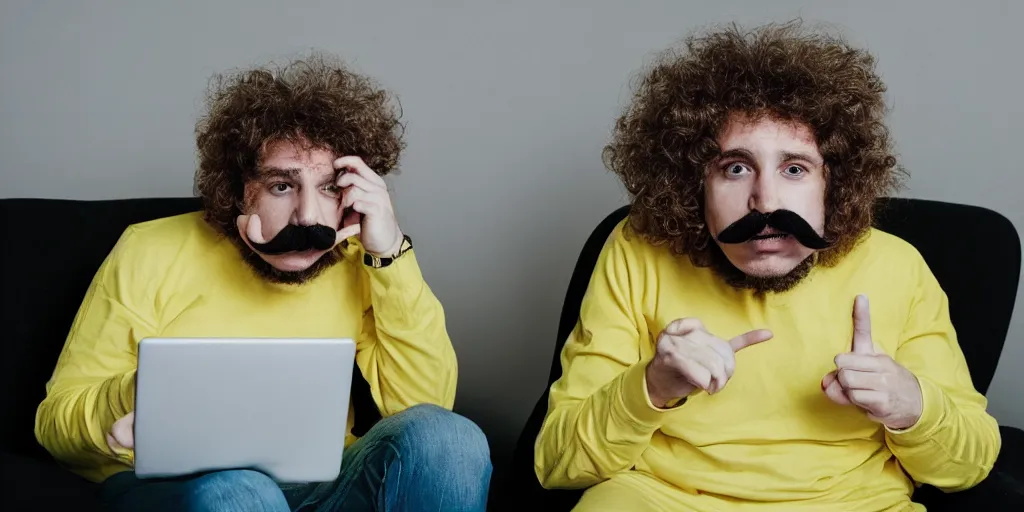 Image similar to french white man with puffy hair, mustache and a green sitting on a black chair in his room looking at the camera, photorealistic, webcam, yellow lightning