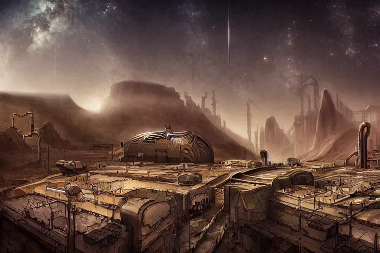 Prompt: sci - fi favela, art nouveau desert environment, industrial factory, cliffs, gloomy, milky way, award winning art, epic dreamlike fantasy landscape, ultra realistic,