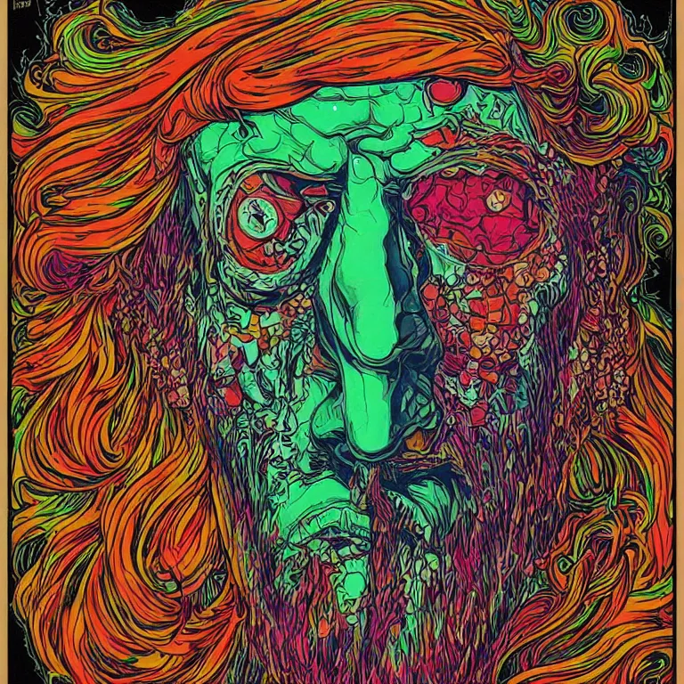 Prompt: beautiful colorful hyperrealist highly detailed psychedelic music poster'zombie paul giamatti ', psychedelic art nouveau, beautiful high contrast colored wood engraving, moebius comic style, shocking detail trending on artstation 8 k
