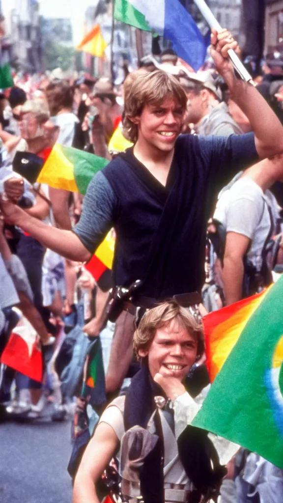 Prompt: rotj luke skywalker goes to pride, getty images, victorious, flags, parade, gay rights, bright smiles, daylight, twenty three year old luke skywalker at gay pride, 3 5 mm photography, very happy, smiling