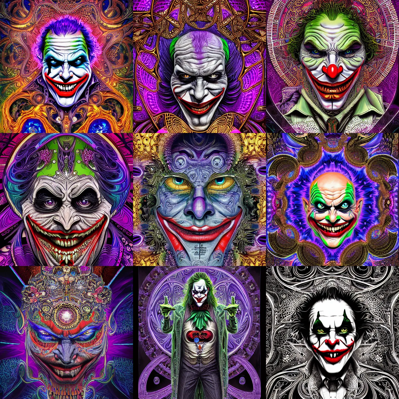 Prompt: a intricate ornate psychedelic image of a joker of spades, digital art by felix kelly, alex grey, dan mumford, artgerm, psychedelic art, psychedelic, fractalism, fractals, sacred geometry, artstation, detailed, art, hyper realism, hyper detailed, cgsociety, ue 5, hd, 3 d