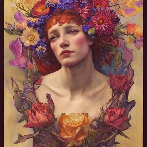 Image similar to flower queen, by annie swynnerton and charlie bowater and tino rodriguez and nicholas roerich and jean delville and evelyn de morgan and lucien freud, dramatic lighting, floral tattoos, rich colors, smooth sharp focus, extremely detailed, adolf wolfli