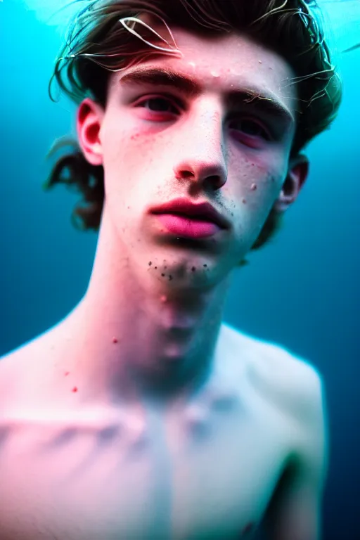Prompt: high quality pastel coloured film mid angle docu photograph of a beautiful young 2 0 year old male, soft features, short black hair, swimming, submerging in an icelandic black rock pool environment. atmospheric. three point light. photographic. art directed. ( pastel colours ). volumetric light. clearcoat. waves glitch. 8 k. filmic.