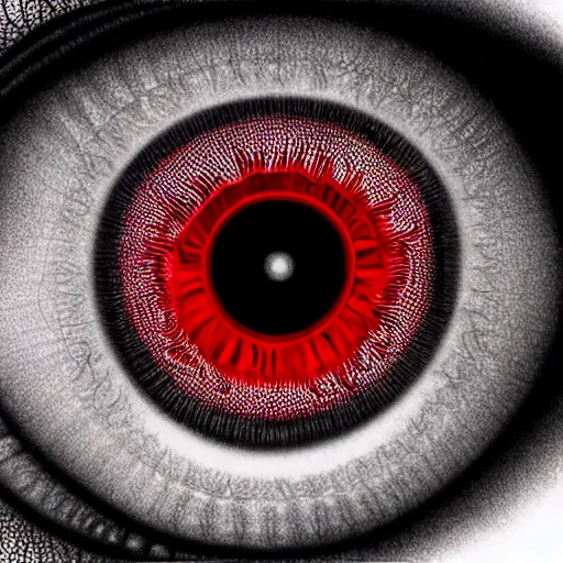 Image similar to a detailed extremely close up of inside the iris, cornea, red image, microscopic, extremely close up drawing by junji ito, cgsociety, generative art, lovecraftian, parallax, cosmic horror, extremely detailed, hyperrealism, unreal engine, octane render, award winning, masterpiece, highly detailed, realistic, 4 k, digital