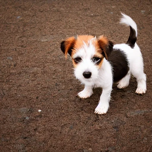 Image similar to a high quality photograph of a scruffy wire haired jack russell terrier puppy, white with chocolate brown spots, brown patches over both eyes. friendly, curious expression.