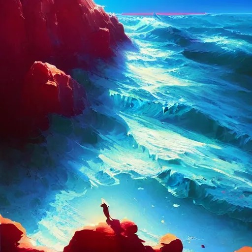 Prompt: a beautiful painting of the red sea, the blue sky by rhads and pascal blanche and greg rutkowski and ivan aivazovsky and victo ngai and simon stalenhag. in style of digital art. brush stroke, neon genesis evangelion, hyper detailed. octane render. trending on artstation